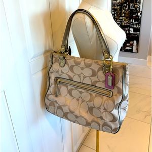 Coach gold and tan jacquard fabric tote with tan trim, pink satin lining.